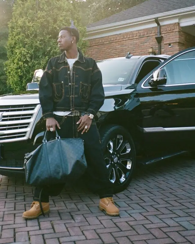 Joey Badass outfit in Vintage, Timberland, and Louis Vuitton, 2023