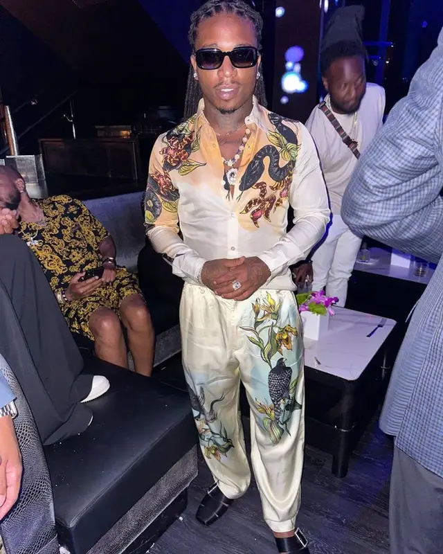 Jacquees outfit in Dries Van Noten and Saint Laurent, 2023