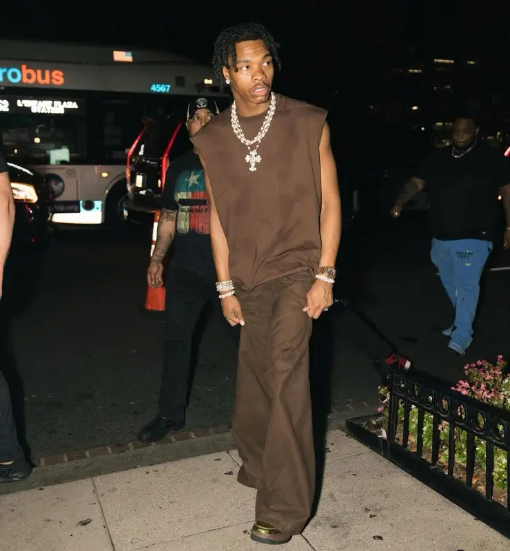 Lil Baby outfit in Rick Owens, Louis Vuitton, and Nike, 2023