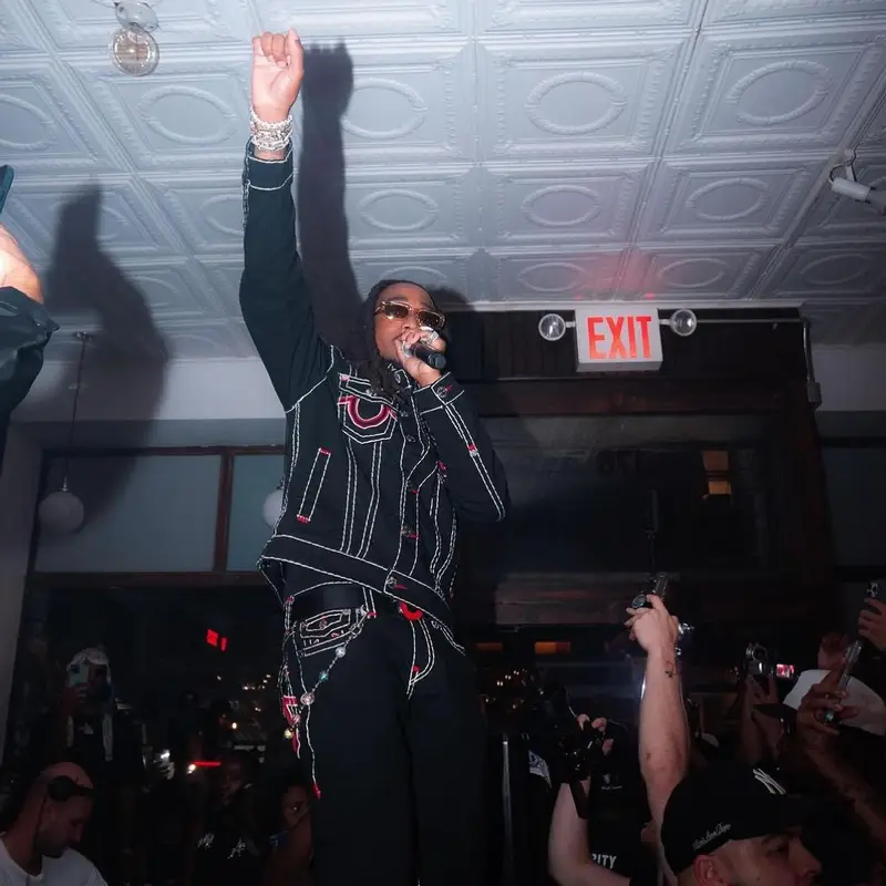 Quavo outfit in True Religion and Chrome Hearts, 2023
