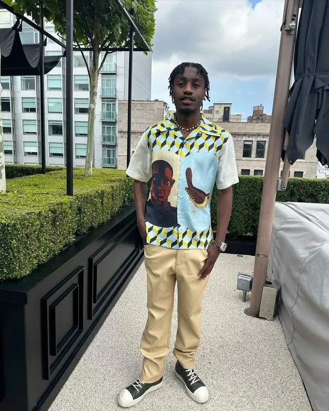 Lil Tjay outfit in Wales Bonner, Rick Owens, and Dior, 2023
