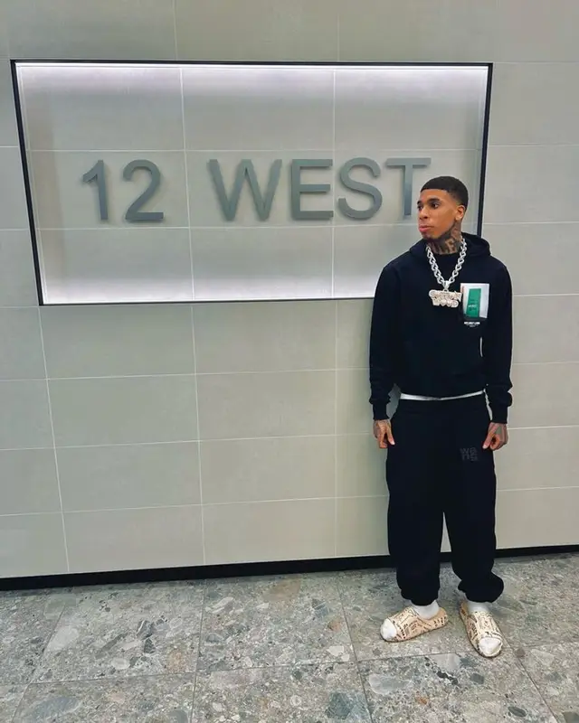 NLE Choppa outfit in Helmut Lang and Versace, 2023