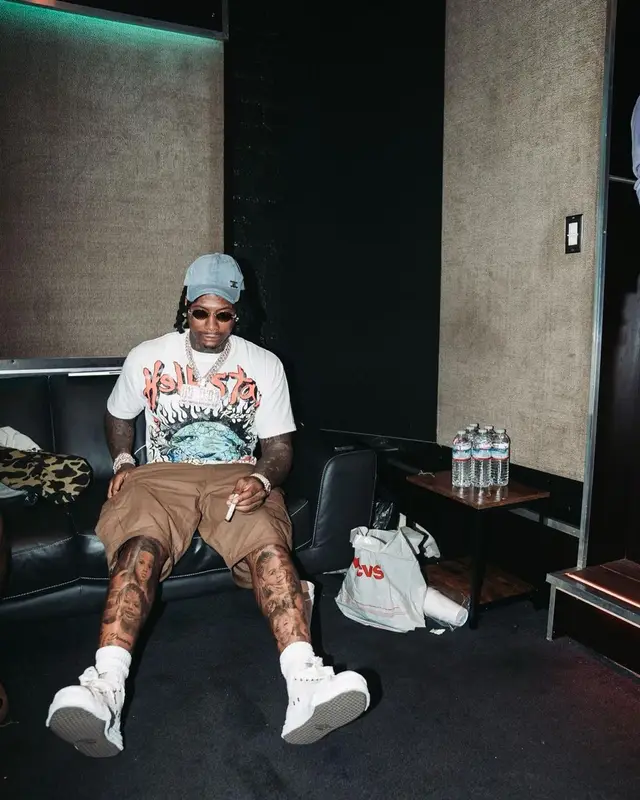 Moneybagg Yo outfit in Hellstar, Maison Mihara Yasuhiro, and Chrome Hearts, 2023