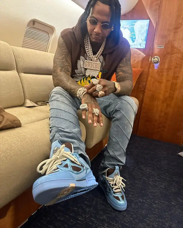 Moneybagg Yo outfit in Louis Vuitton and Chrome Hearts, 2023