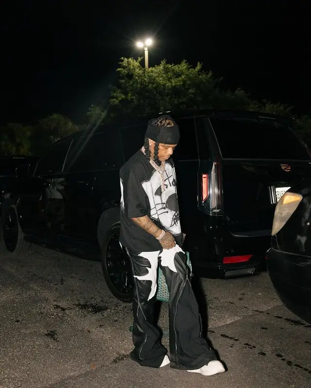 Rylo Rodriguez outfit in Billionaire Studios, Rick Owens, and Goyard, 2023