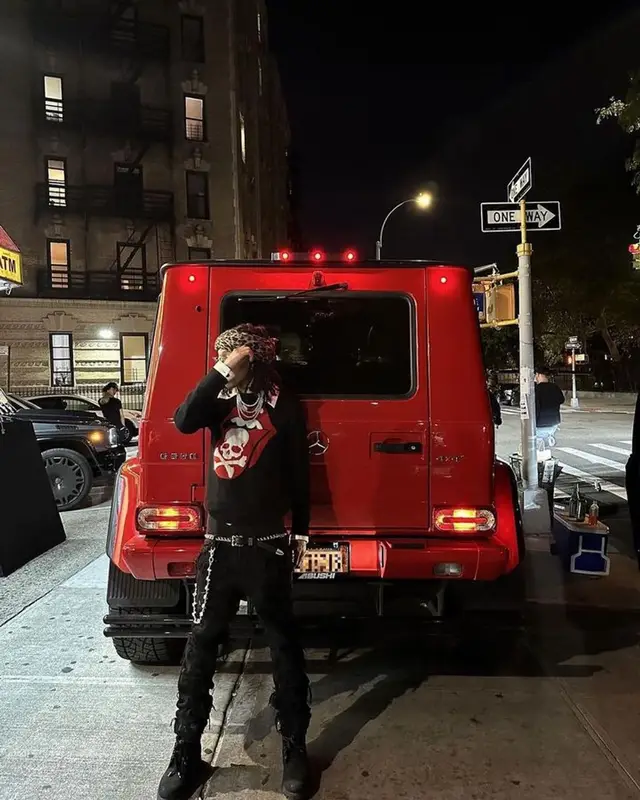Lil Tecca outfit in Rolling Stones Merch, Chrome Hearts, and Mastermind, 2023