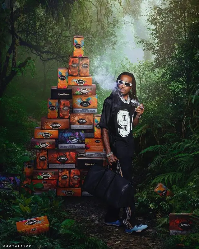 Quavo outfit in Nike, Louis Vuitton, and Prada, 2023