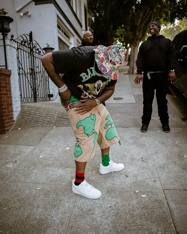 Peezy outfit in Barriers, Who Decides War, and Denim Tears, 2023