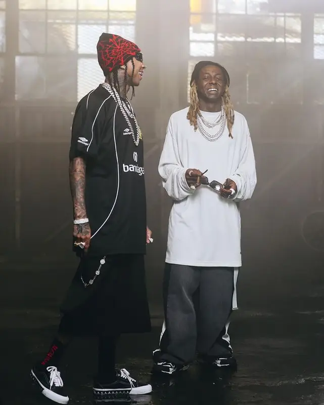 Tyga outfit in Balenciaga, Vans, and Mastermind, 2023