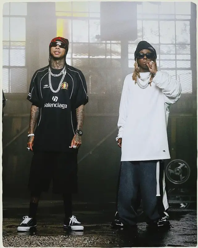 Tyga outfit in Balenciaga, Vans, and Mastermind, 2023