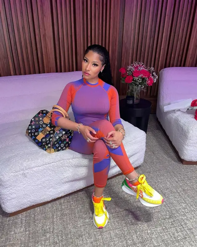 Nicki Minaj outfit in Y-3, Alexander McQueen, and Louis Vuitton, 2023