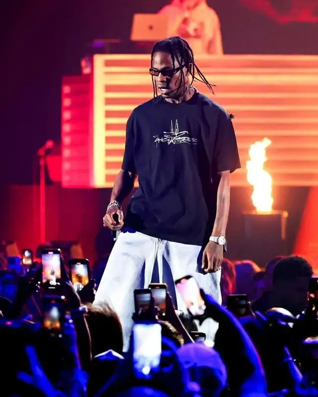 Travis Scott outfit in Jordan, Rick Owens, and Cactus Jack, 2023