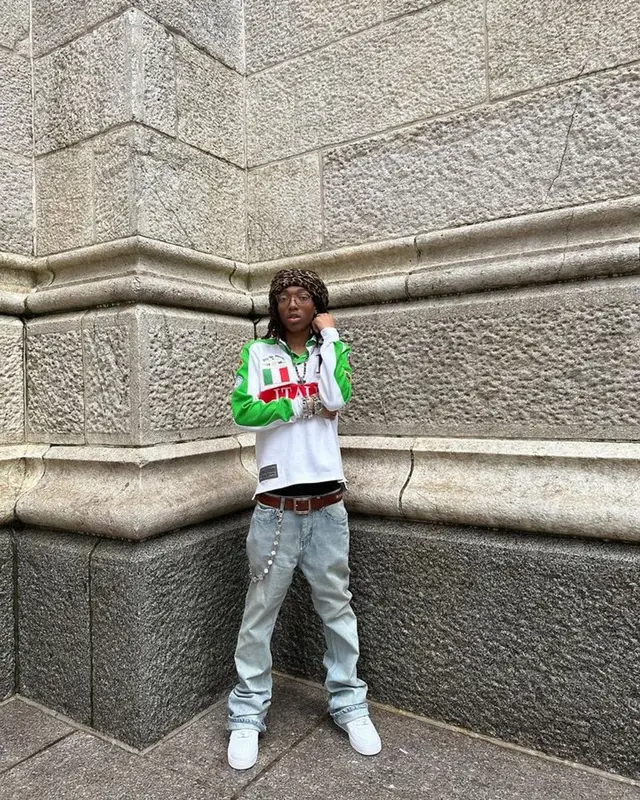 Lil Tecca outfit in Polo Ralph Lauren, Balenciaga, and Chrome Hearts, 2023