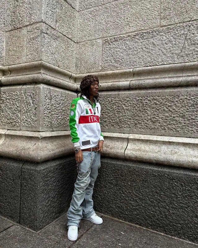 Lil Tecca outfit in Polo Ralph Lauren, Balenciaga, and Chrome Hearts, 2023
