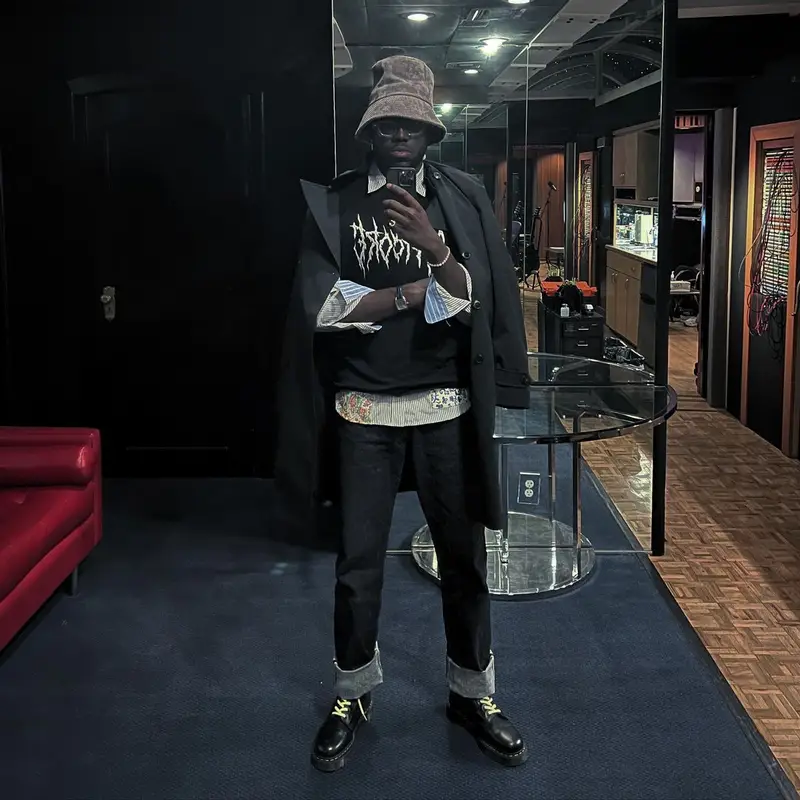 Bnyx outfit in Junya Watanabe, Samurai Jeans, and Dr. Martens, 2023