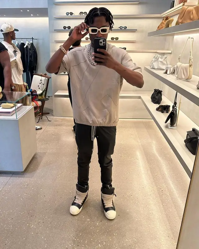 Lil Tjay outfit in Emporio Armani and Rick Owens, 2023