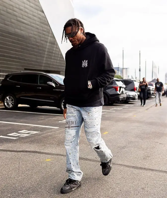 Justin Jefferson outfit in Amiri, Vetements, and Oakley, 2023