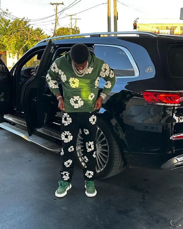 Baby Money outfit in Denim Tears and Maison Mihara Yasuhiro, 2023
