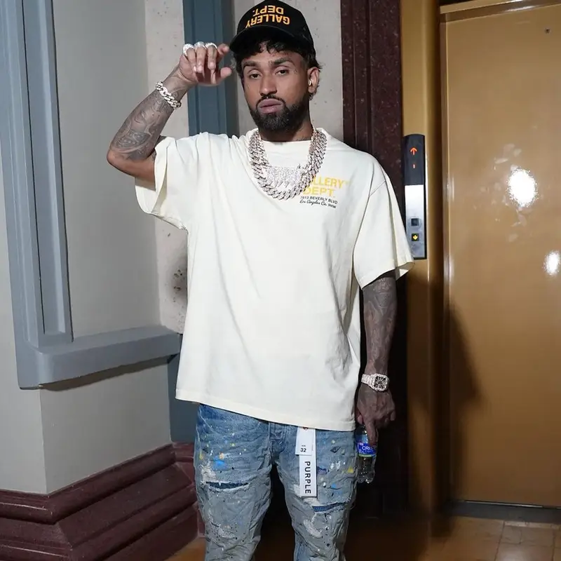 Bryant Mayers outfit in Purple Brand and Gallery Dept., 2023