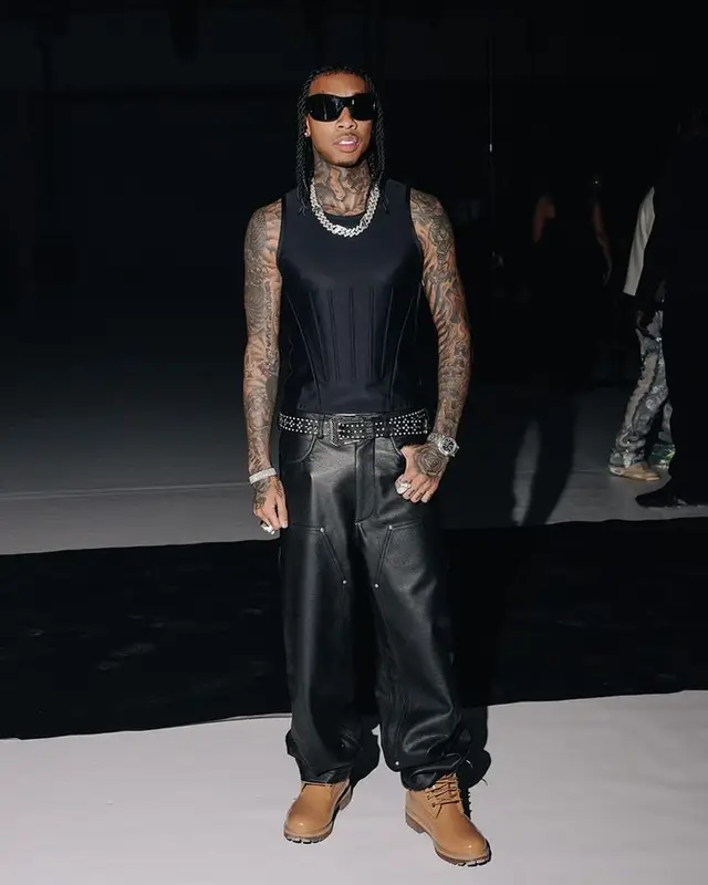 Tyga outfit in Mugler, Timberland, and Givenchy, 2023