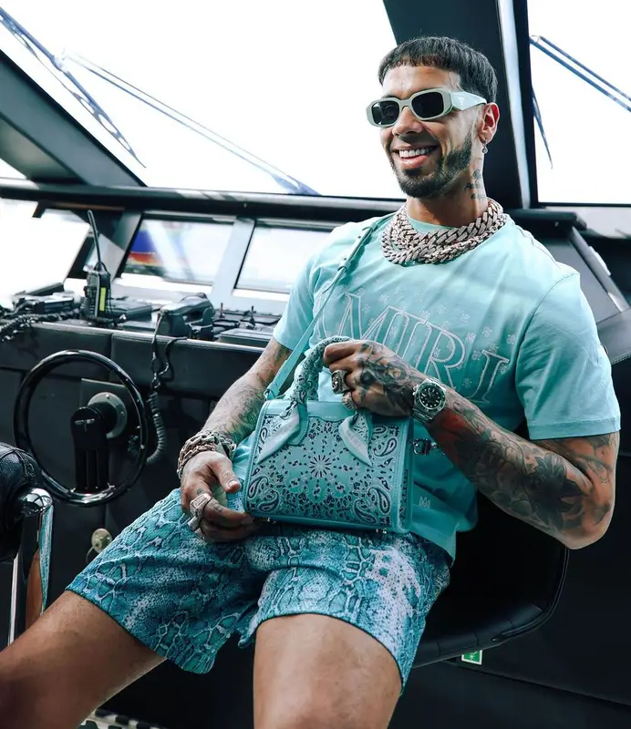 Anuel AA outfit in Amiri, Eric Emanuel, and Prada, 2023