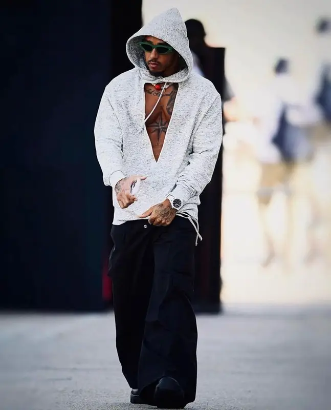 Lewis Hamilton outfit in Rick Owens and Nanushka, 2023