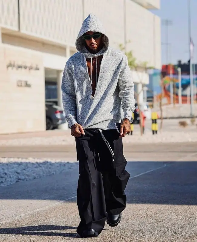 Lewis Hamilton outfit in Rick Owens and Nanushka, 2023