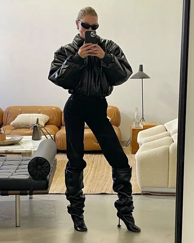 Elsa Hosk outfit in Acne Studios, Saint Laurent, and Bottega Veneta, 2023