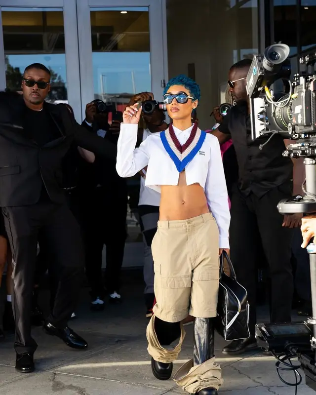 Coi Leray outfit in Miu Miu, Chanel, and Port Tanger, 2023