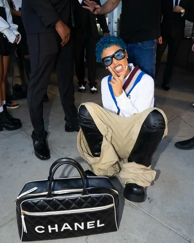 Coi Leray outfit in Miu Miu, Chanel, and Port Tanger, 2023