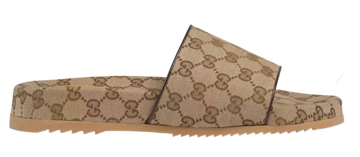 Gucci Leather Trimmed Monogram Canvas Slides $530