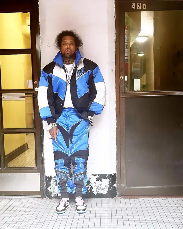Westside Gunn outfit in Gucci, Nike, and Travis Scott Merch, 2023