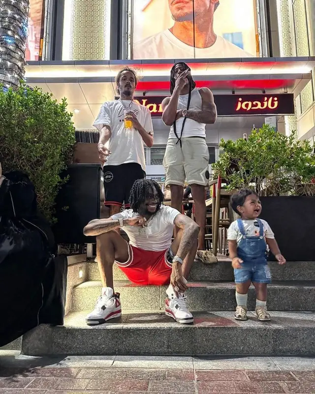 Russ Millions outfit in Hanes, Nike, and Jordan, 2023