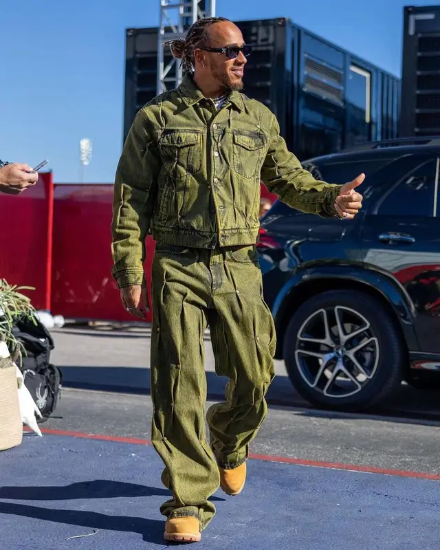 Lewis Hamilton outfit in Kusikohc, Timberland, and Off-White, 2023