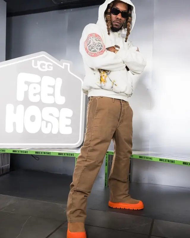 Offset outfit in Travis Scott Merch, Ugg, and Prada, 2023