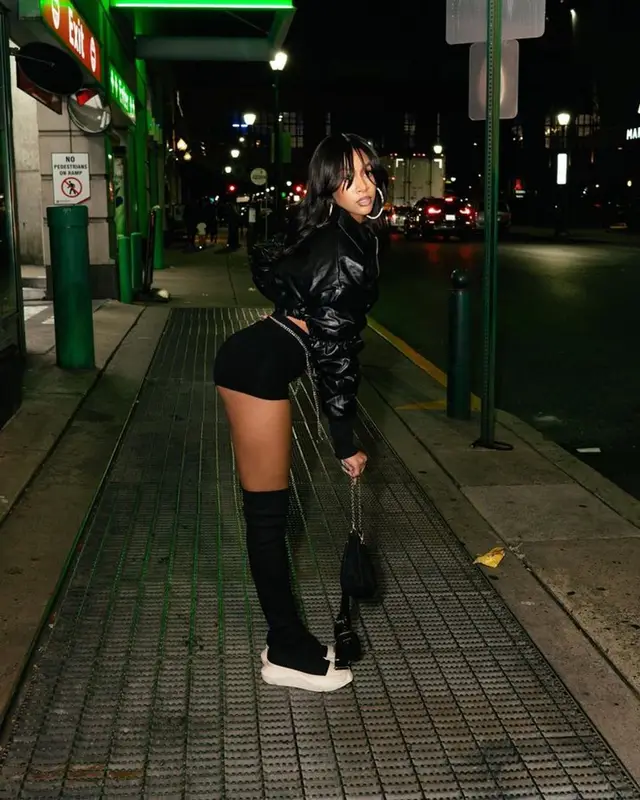 Lakeyah outfit in FashionNova, Rick Owens, and Prada, 2023