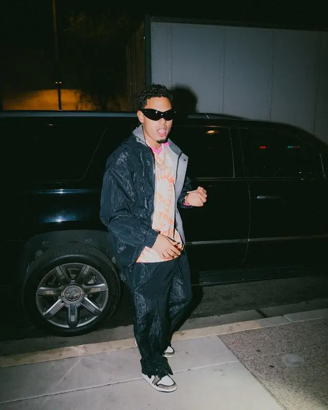 Myke Towers outfit in Acne Studios, Jordan, and Balenciaga, 2023