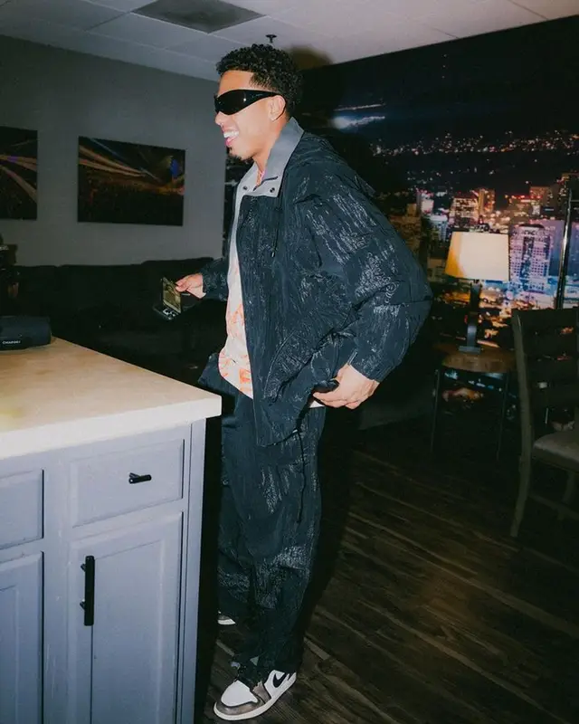 Myke Towers outfit in Acne Studios, Jordan, and Balenciaga, 2023
