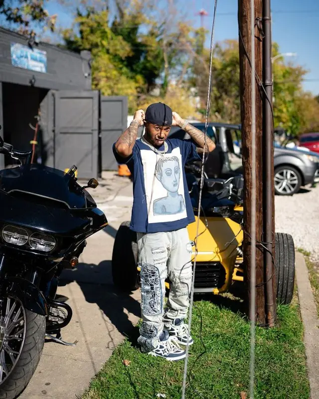 Chino Braxton outfit in Blueboii, Who Decides War, and Louis Vuitton, 2023