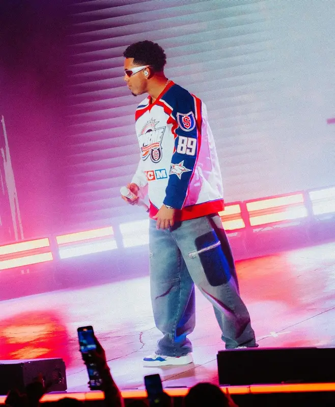 Myke Towers outfit in Supreme, Palm Angels, and Balenciaga, 2023
