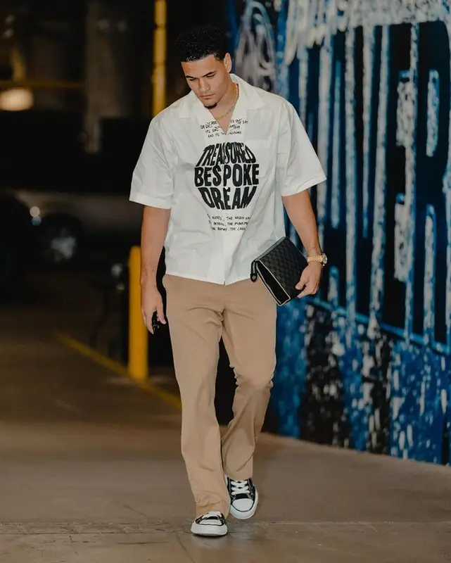 Josh Green outfit in Marni, Maison Mihara Yasuhiro, and Louis Vuitton, 2023
