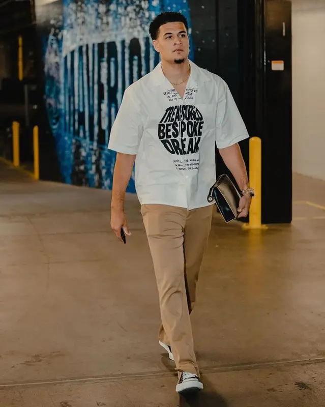 Josh Green outfit in Marni, Maison Mihara Yasuhiro, and Louis Vuitton, 2023