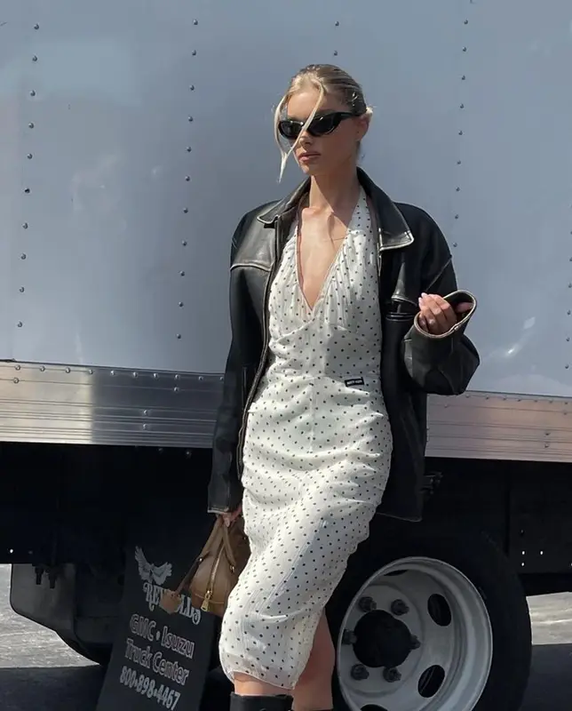 Elsa Hosk outfit in Saint Laurent, Miu Miu, and Bottega Veneta, 2023