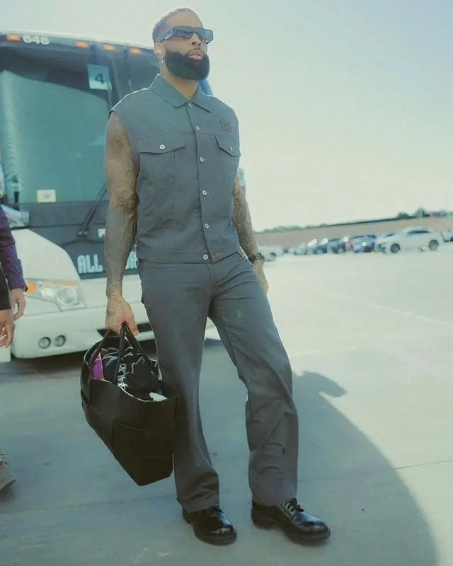 Odell Beckham Jr outfit in Miu Miu, Bottega Veneta, and Rick Owens, 2023