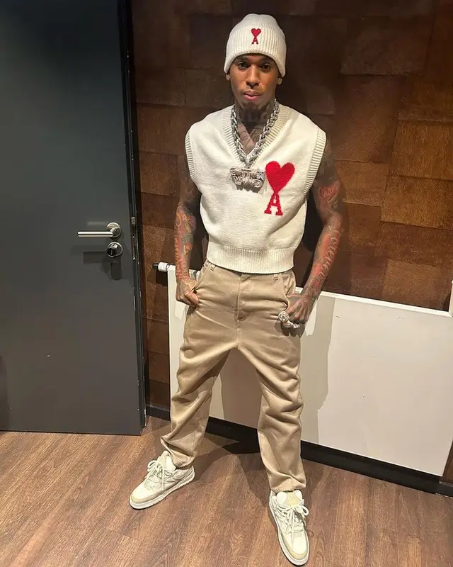 NLE Choppa outfit in Louis Vuitton and Ami, 2023