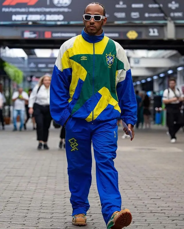 Lewis Hamilton outfit in Umbro, Timberland, and Versace, 2023