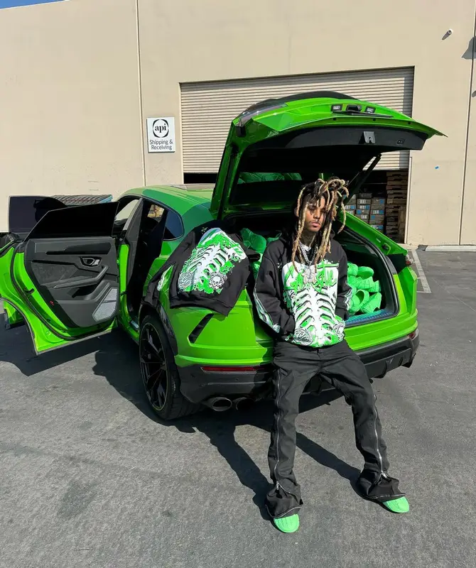 Lil Gnar outfit in Polo Ralph Lauren, Gnarcotic, and Rick Owens, 2023