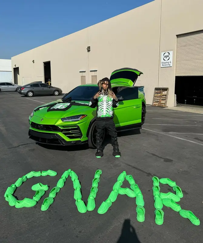 Lil Gnar outfit in Polo Ralph Lauren, Gnarcotic, and Rick Owens, 2023