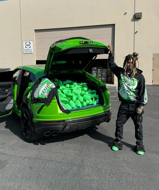 Lil Gnar outfit in Polo Ralph Lauren, Gnarcotic, and Rick Owens, 2023