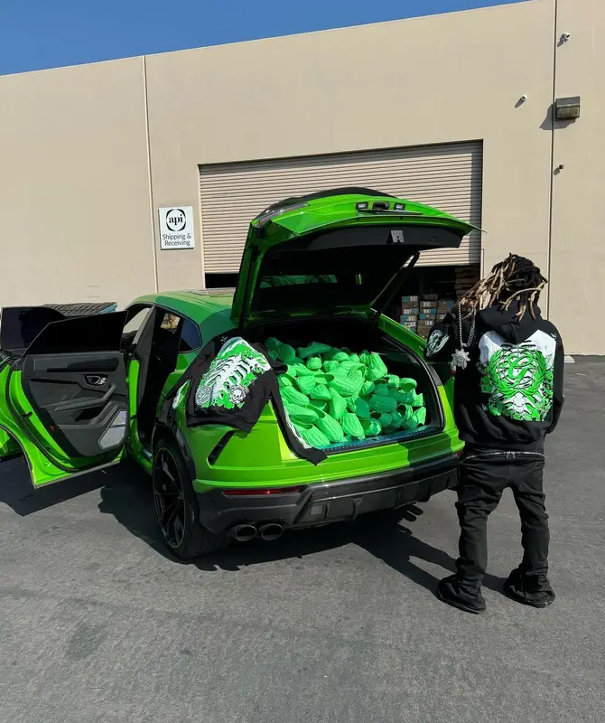 Lil Gnar outfit in Polo Ralph Lauren, Gnarcotic, and Rick Owens, 2023